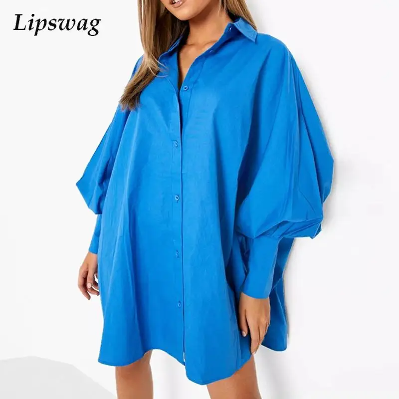 

Модное женское мини-платье с длинным рукавом, Осеннее повседневное однобортное платье-рубашка, женское элегантное платье с отложным воротн...