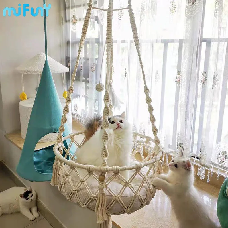 Mifuny Woven Cat Nest Pure Handmade Cotton Rope Pet Nest Cat Basket Net Pocket Hanging Swing Hammock Toy Summer Wall Decoration