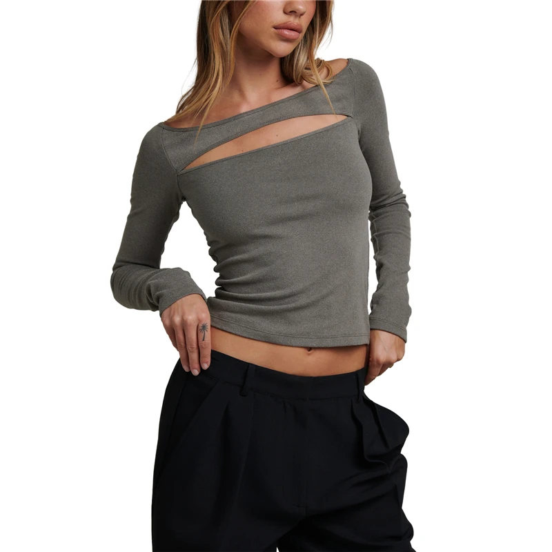 

Cut Out Long Sleeve Top 2000s Women Spring Autumn Solid Color Off Shoulder T Shirt Basic Slim Fit Tees Grunge Clothes Streetwear