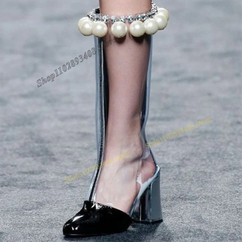 

Clear PVC Prarl Decor Mid Calf Boots Pointed Toe Chunky Heel West Women Shoes Plus Size 2023 Fashion Sexy Zapatos Para Mujere