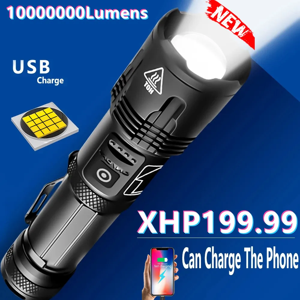 

Суперъяркий фсветильник рь лм, перезаряжаемый через USB фонарик XHP199 XHP50 высокой мощности, тактический светильник онарь, фонарь для кемпинга, ...