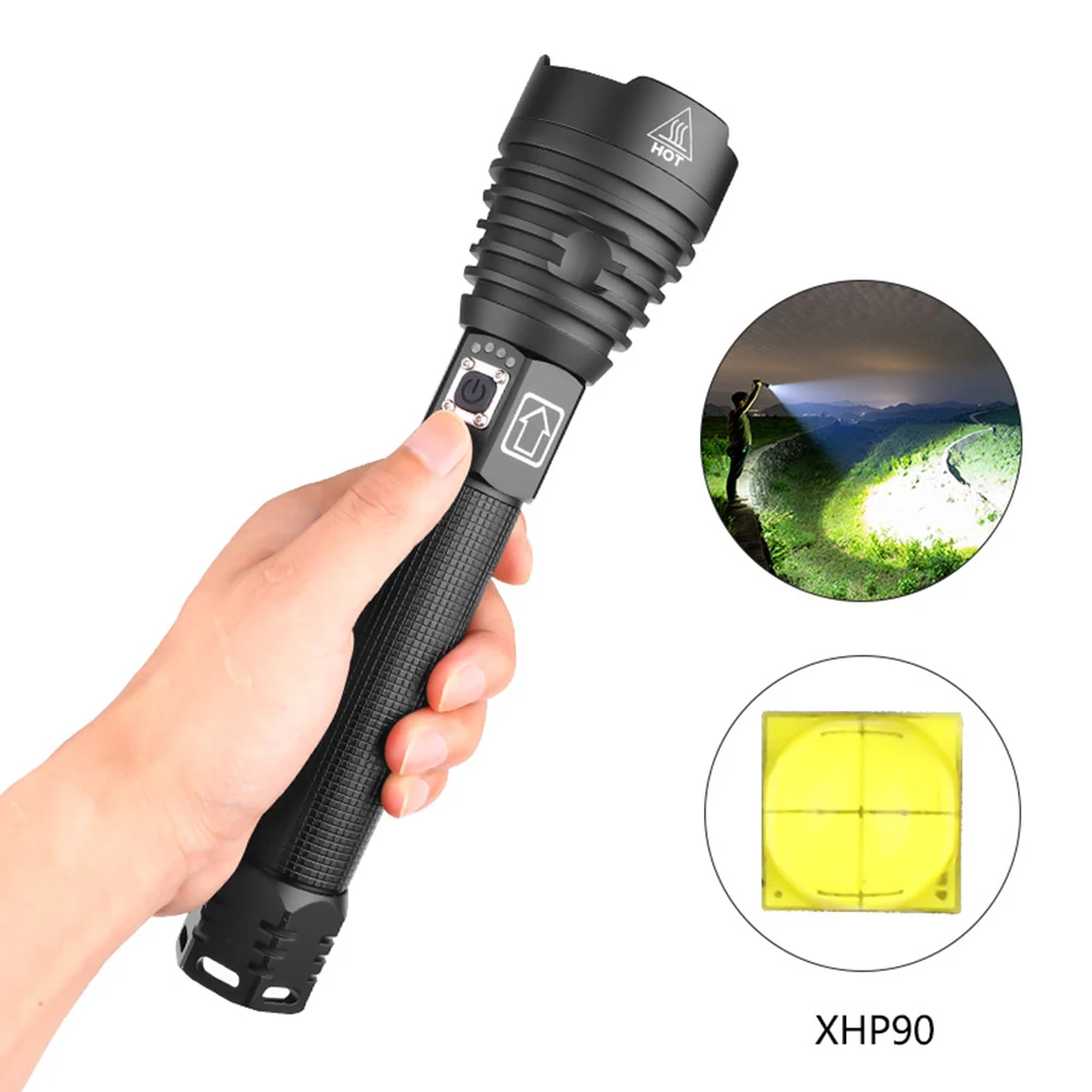 

XHP90 LED Flashlight USB Charging Power Display With Strap P90 Zoom Light Flashlight For Outdoor Camping Lampe