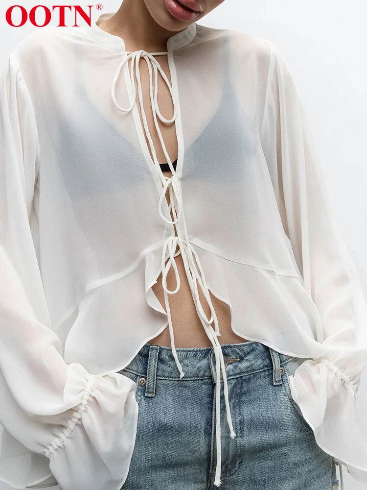 Белые рубашки OOTN женская Свободная блузка с длинным рукавом и воротником-стойкой