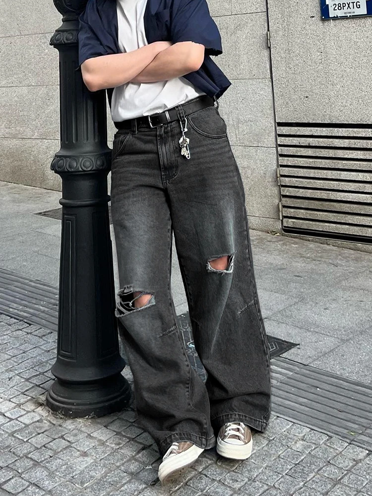 Vintage Distressed Loose Fit Jeans Men's, Y2k Washed Yellow Gradient Casual Pants Street Versatile Wide Leg Trousers