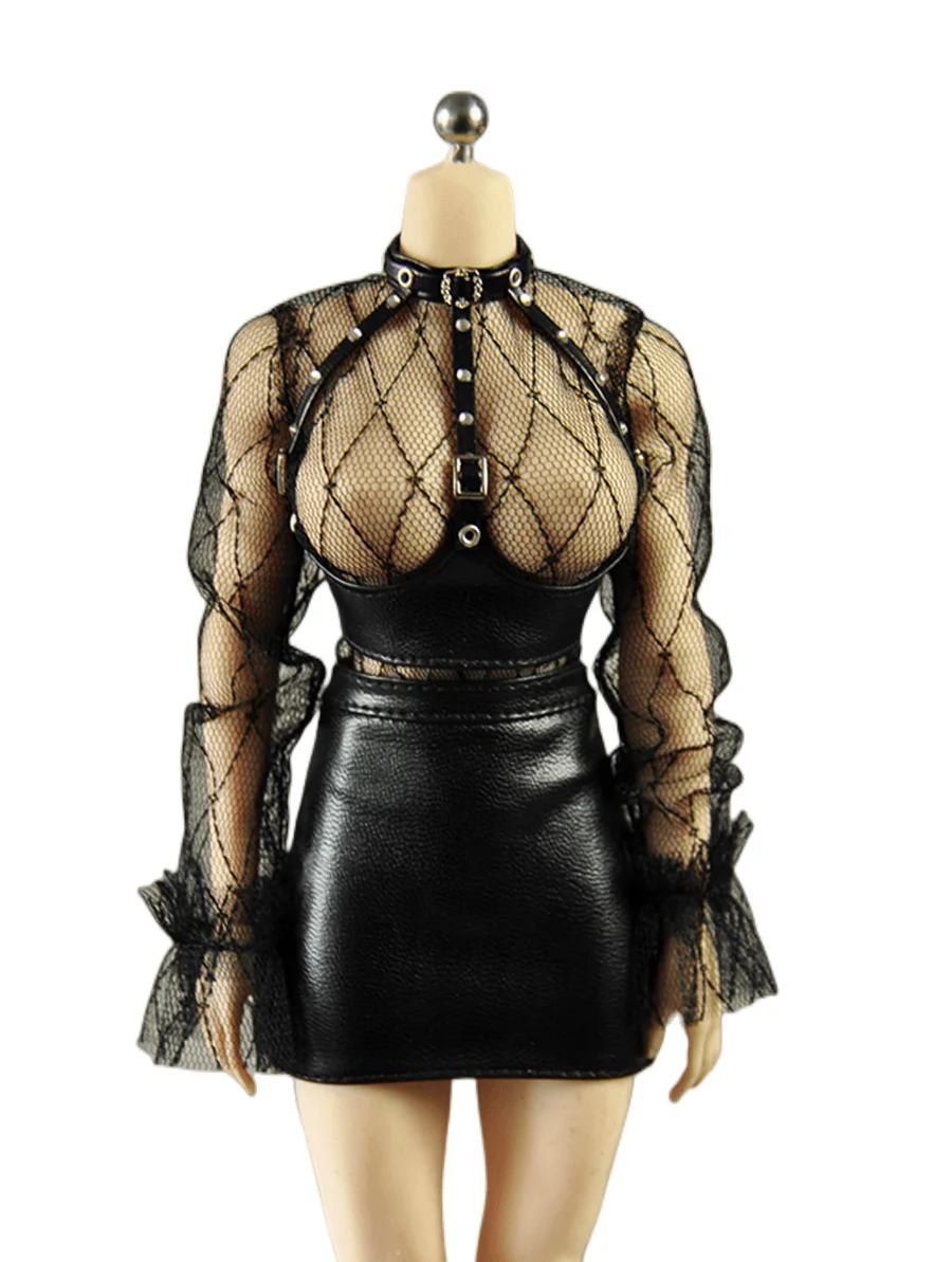 

1/6 Scale Bag Hip Leather Skirt Corset Lace Coat Collar Black Long Sleeve Hollow Female Soldier Model 12Inch Action Figure Body