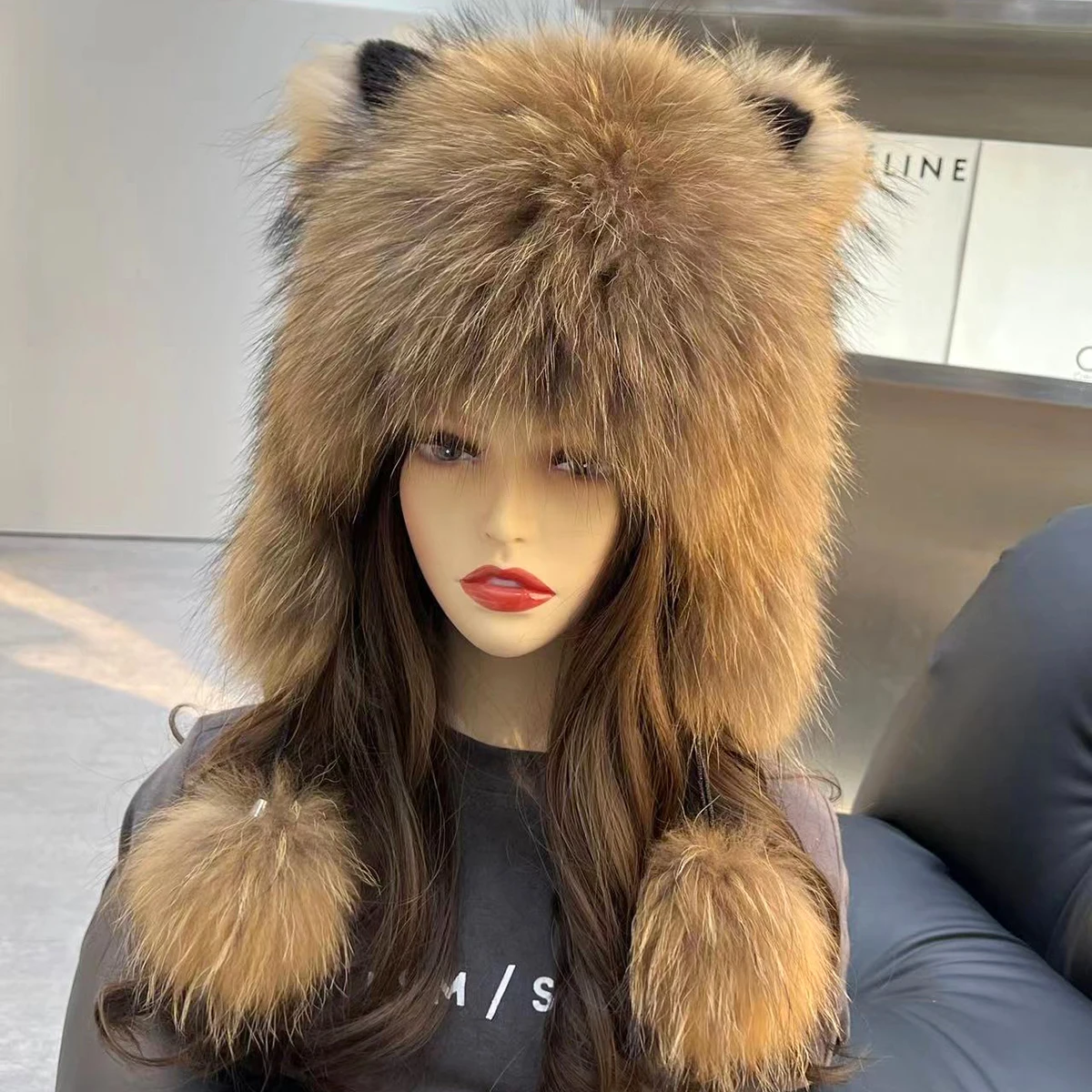 Cute Cat Ears Raccoon Fur Grass Cap Fox Hair Ear Protector Lei Feng Hat Winter Outdoor Warmth Thickened Knitted Plush Hat