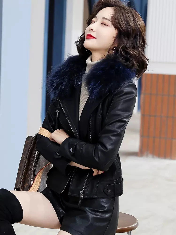 New Women Thicken Leather Jacket Autumn Winter Fashion Fox Fur Collar Plus Velvet Lining Slim Short Biker Coat Split Leather