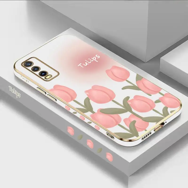 

Charming Tulips Luxury Plating Phone Case For VIVO Y20 Y20i Y20S Y30 Y33T Y35 Y76 Y22 Y12S Y15 Y21 V23 V23E V21 Cover