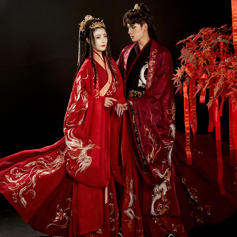 

RuMengNIChang Customize Embroidered Dragon Phoenix Big Shirt Chinese Traditional Red Couple Hanfu Wedding Dress Full Set Costume