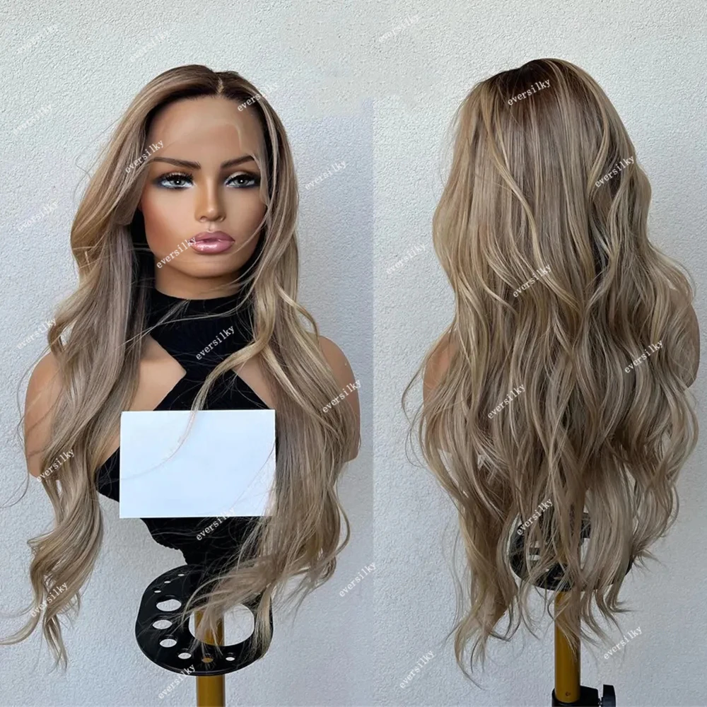 

Ombre Balayage Ash Blonde with Dark Brown Roots Wavy Full Lace Wigs Glueless 100% Virgin Human Hair HD Lace 360 Frontal Wig