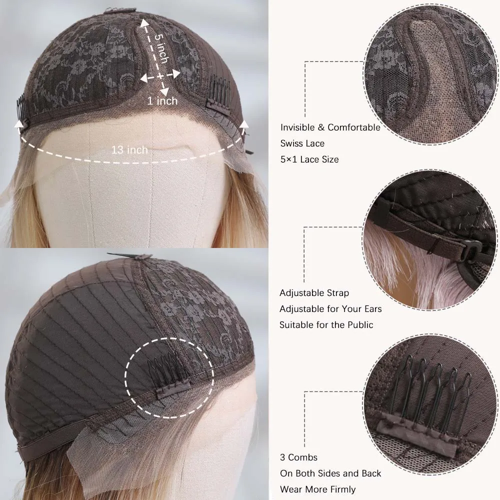 HAIRCUBE Ombre Brown Platinum Blonde Bob Human Hair Lace Front Wig Side Part Medium Long Lob Straight Remy Hair Wigs for Women