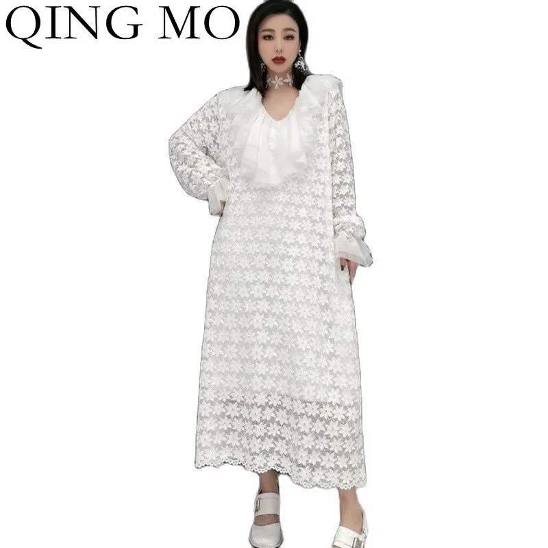 

Женское кружевное платье с длинным рукавом QING MO, облегающее белое платье-пуловер с V-образным вырезом, весна 2022