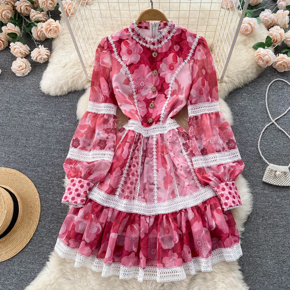 

VANOVICH 2022 Spring and Summer New European and American Style Vintage Temperament Design Palace Lace Patchwork Sweet Dress