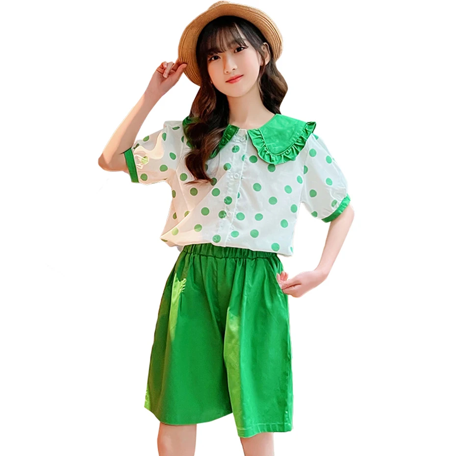 

Летняя одежда для девочек, одежда в горошек для девочек, футболка + короткая детская одежда, одежда для девочек-подростков