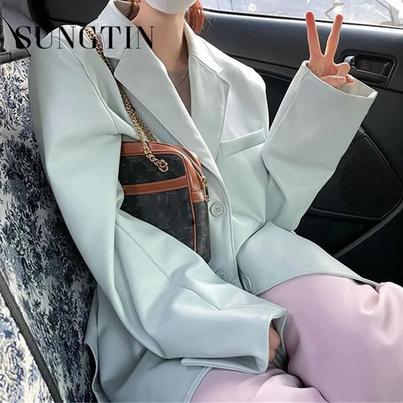 Sungtin Новые куртки-блейзеры из кожи большого размера для офисных леди для женщин весной и осенью, повседневные женские фальшивые пальто, элегантные топы.