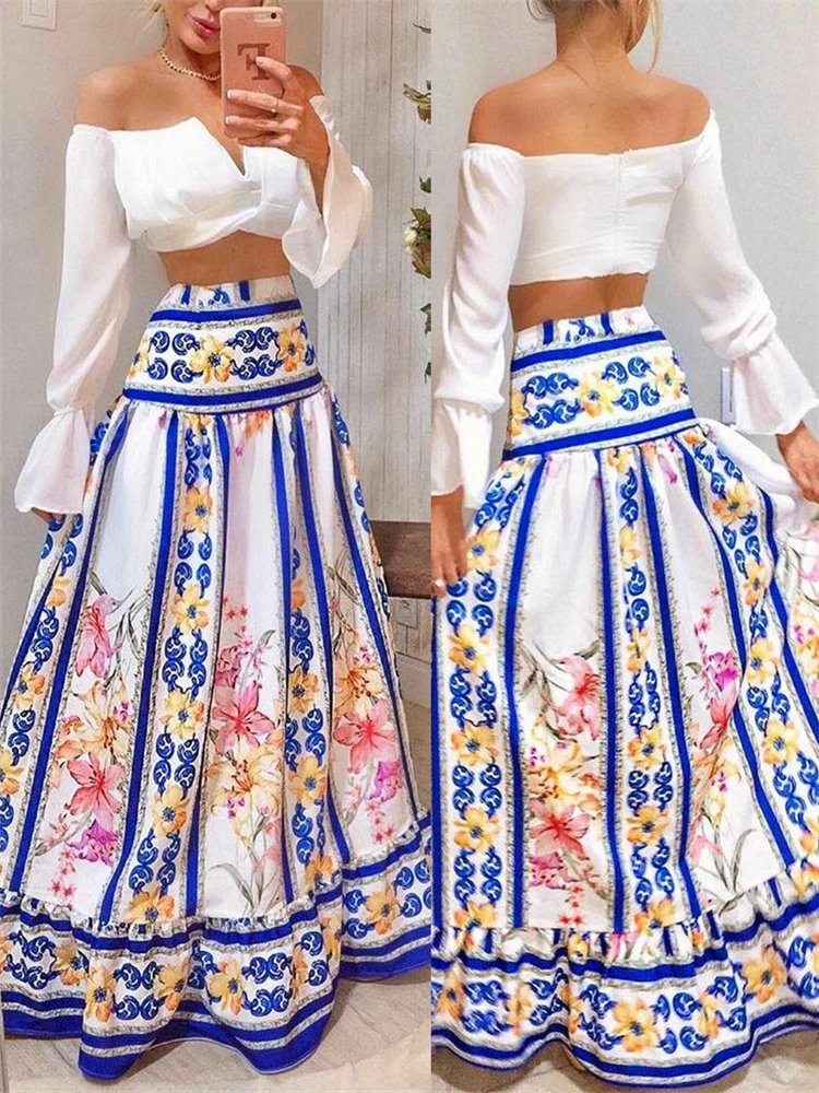 

Off Shoulder Notched Flared Sleeves Crop Top \u0026 Floral Print Maxi Skirt Set Womens Two Peice Sets Outifits
