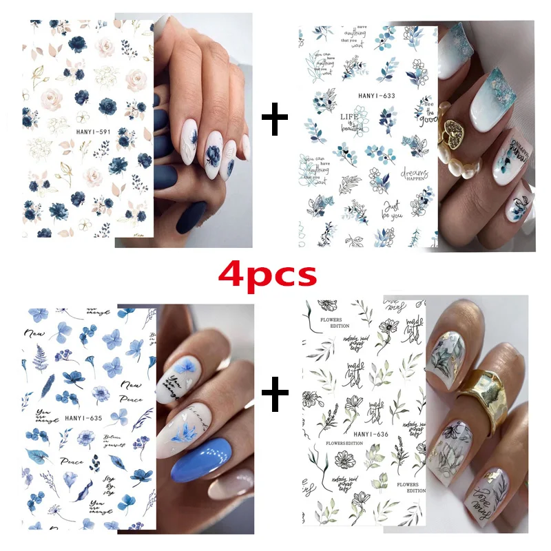 

4Pc Back Glue Nail Stickers Watercolor Blue White Nail Manicur Spring Floral Adhesive Transfer Decals Slider Nail Art Decoration