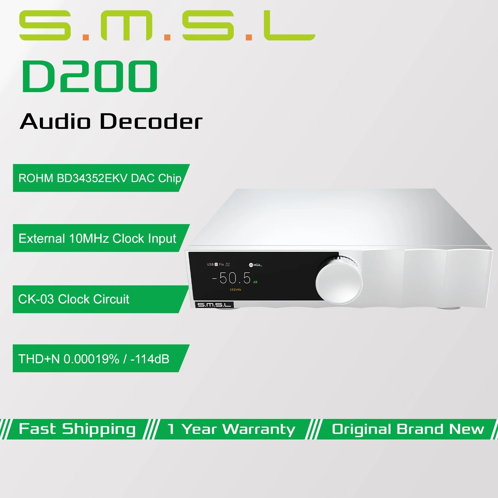 Фото SMSL D200 Hi-Res аудиодекодер с чипом ROHM BD34352EKV DAC, XU316 MQA, USB, оптическим, коаксиальным и Bluetooth входами, внешним тактовым входом 10 МГц. №1
