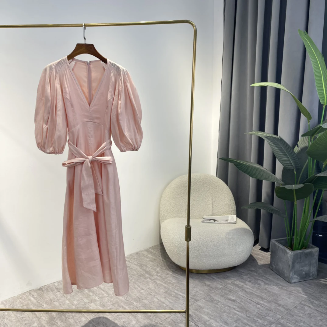 

Женское льняное платье с поясом, винтажное розовое платье средней длины с V-образным вырезом, рукавами-фонариками и поясом из ткани, весна 2022