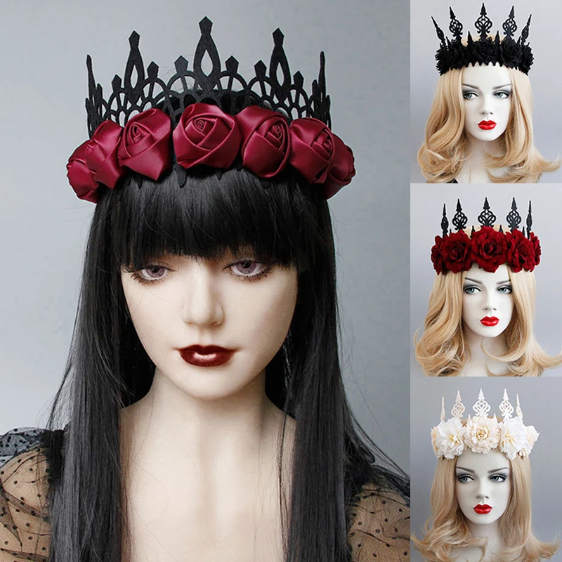Vintage Women Head Wreath Gothic Black Crown Roses Tiara Headband Halloween Party Cosplay Accessory