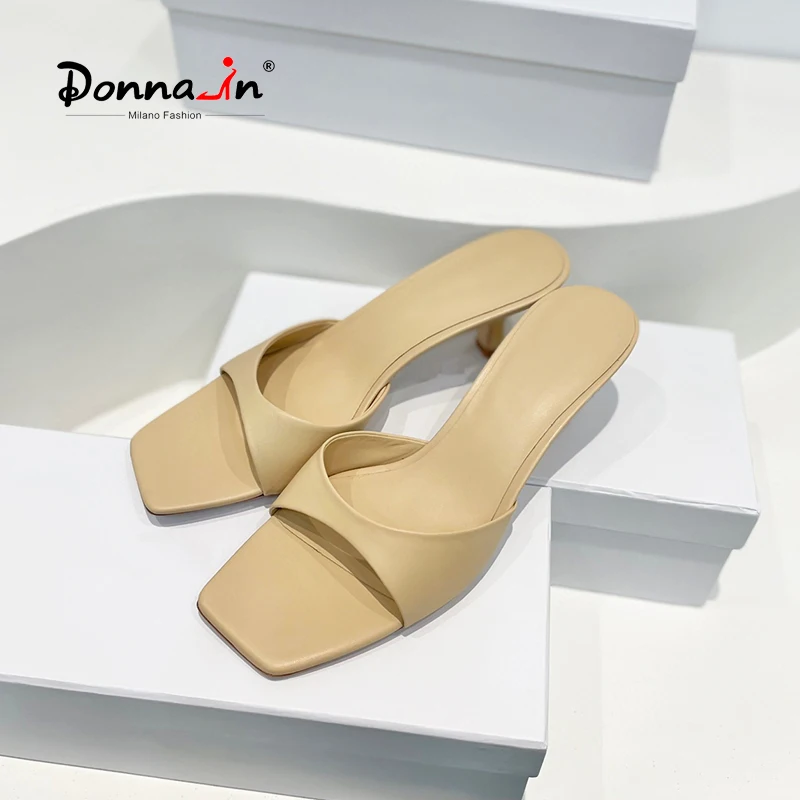 

Donna-in 2022 New Summer Natural Color Heel Mules Women Luxury Lambskin Elegant Ladies Shoes Vera Pelle Sole Designer Shoes