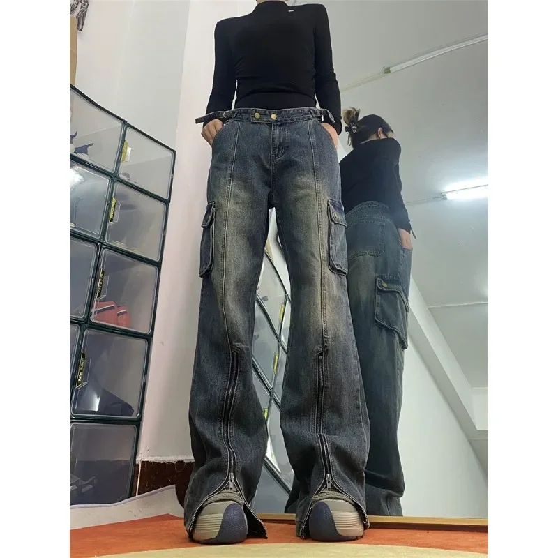 

Женские винтажные брюки-карго Deeptown, свободные джинсовые брюки в стиле Харадзюку, Y2k, Корейская уличная одежда, прямые брюки, новинка