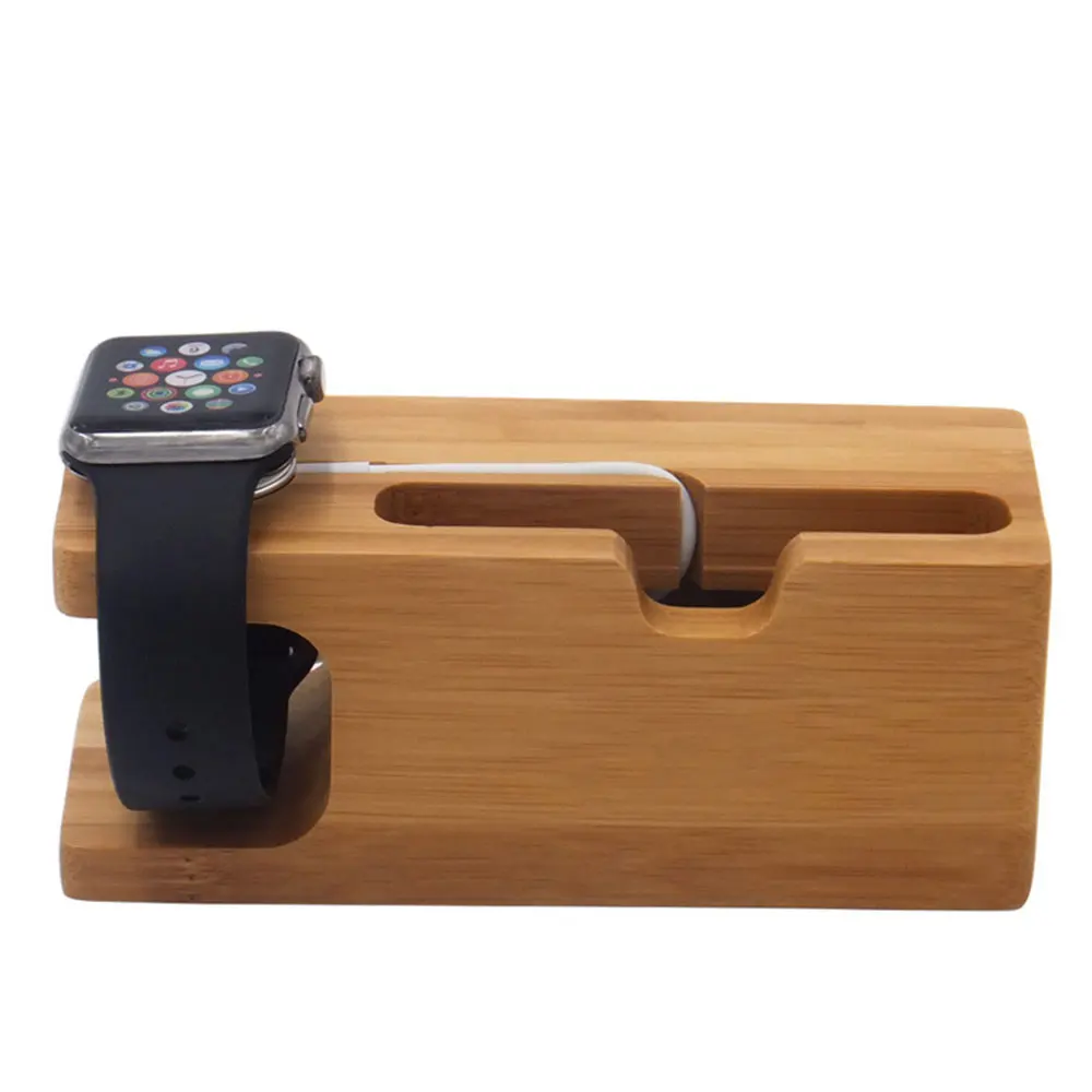 Фото Настольная зарядная док-станция для Apple Watch, подставка для телефона с деревянным основанием, держатель для зарядного устройства для Apple Watch, iWatch, iPhone, бамбук №4