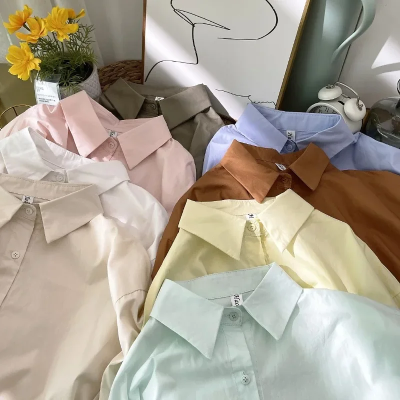 

New Autumn Korean Fashion Solid Simple Long Sleeve Shirt Women Cotton Blouse Turn Down Collar Tops Loose Clothes Blusas 29622