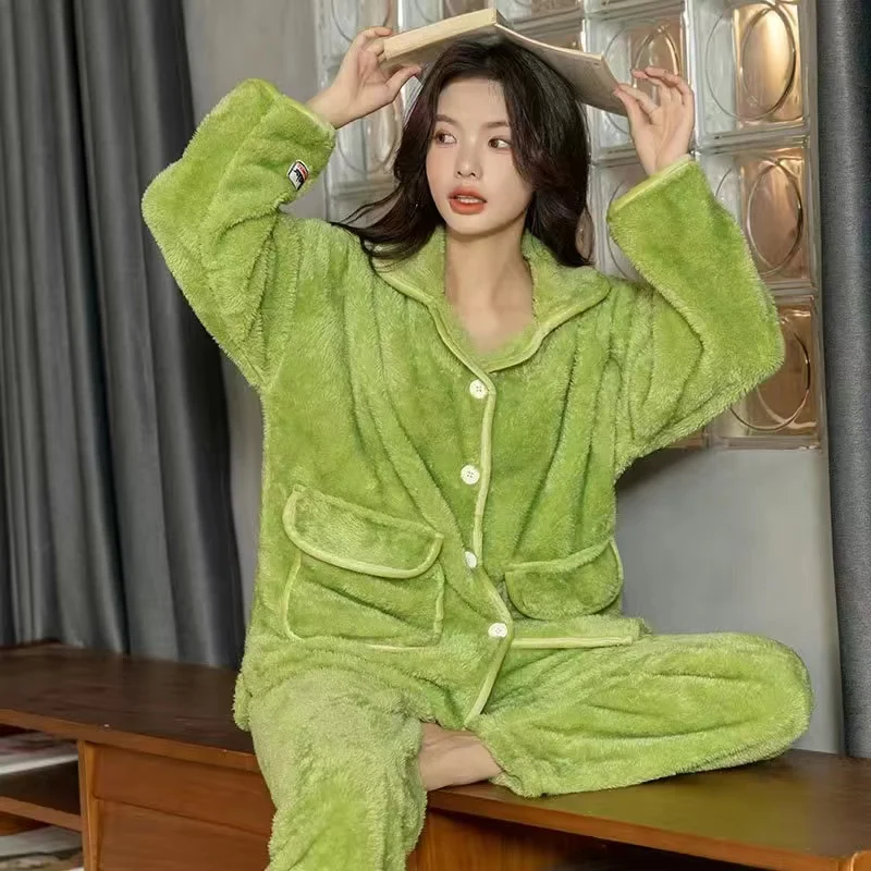 

Autumn Winter New Warm Flannel Women's Pajamas Set 2/Piece Set Loung Sleepwear Girl Pijama Mujer Night Suits Female Homewear