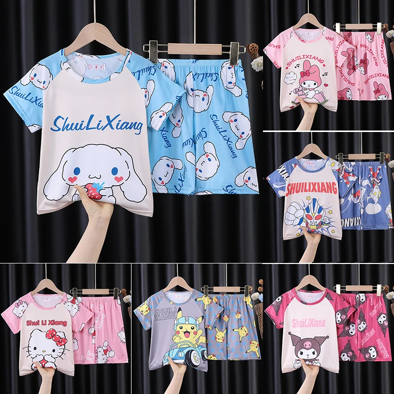 

New Kawaii Sanrio Hello Kitty Cinnamoroll Mymelody Kuromi Pajamas Cartoon Cute Summer T-Shirt Pants Set Home Dress Girl Gift