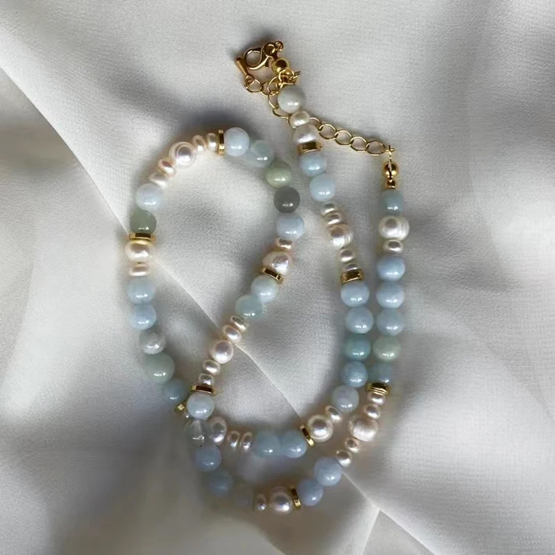 Summer New Blue Green Natural Stone Necklace Handmade Irregular Freshwater Pearls Embellish Jewelry Banquet Party Collar