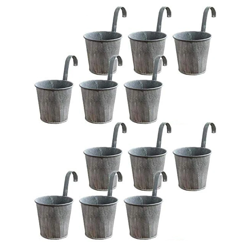 

12 Pack Flower Pots With Hooks Metal Hanging Flower Planter Retro Gray Fence Flower Pot For Outdoor Balcony Wall Decor