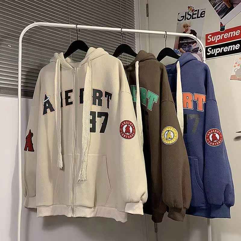 Vintage Letter Print Zip Up Hoodie Women Jacket sweatshirt Oversized Casual Teens Clothes Hip Hop Streetwear 2022 New Korean |