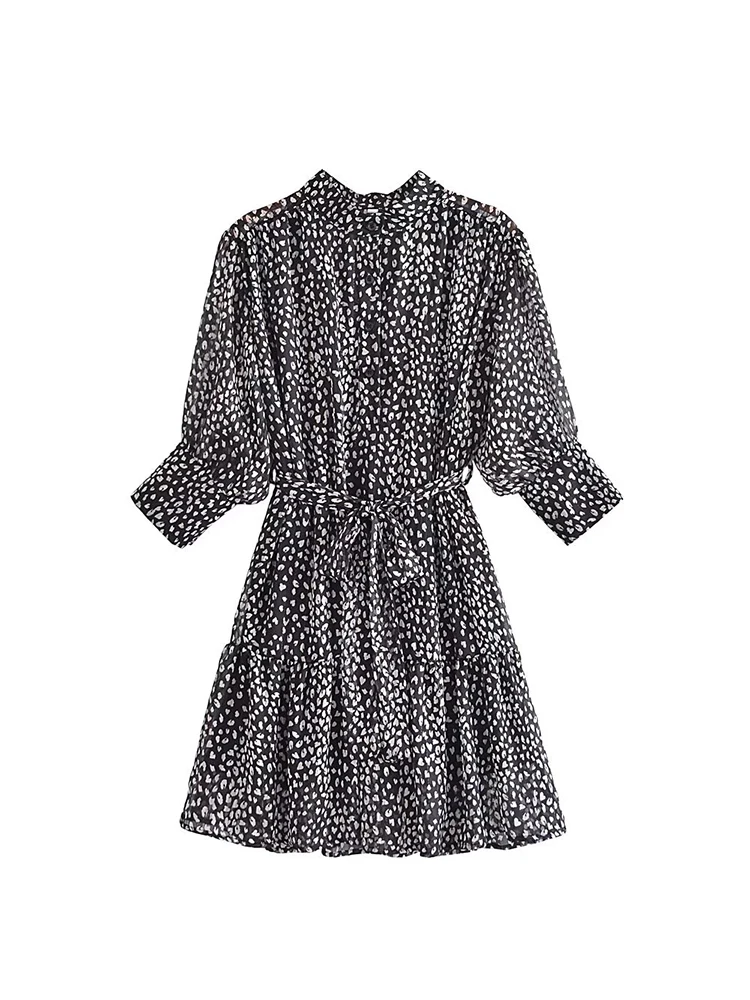 

Women Glitter Line Dress Summer Leopard Print O-neck Half Sleeve Mini Chiffon Dresses With Sashes 2022