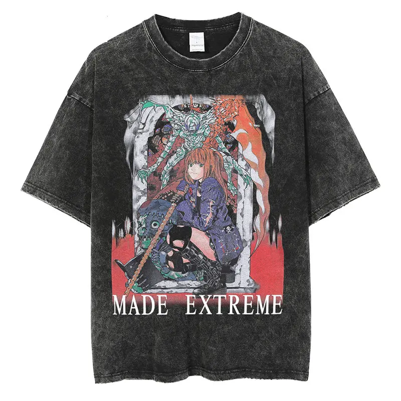 2022 Men Harajuku Streetwear T Shirt Japanese Anime Girl T-Shirt Cartoon Graphic Tees Black Washed Tshirt Oversize Cotton Tops