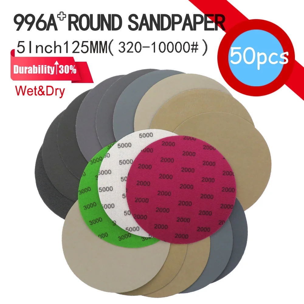 

50Pcs 5/6 Inch 125/150mm Waterproof Sanding Discs Wet/Dry 60 -10000 Grit for Polishing Hook & Loop Silicon Carbide Sandpaper