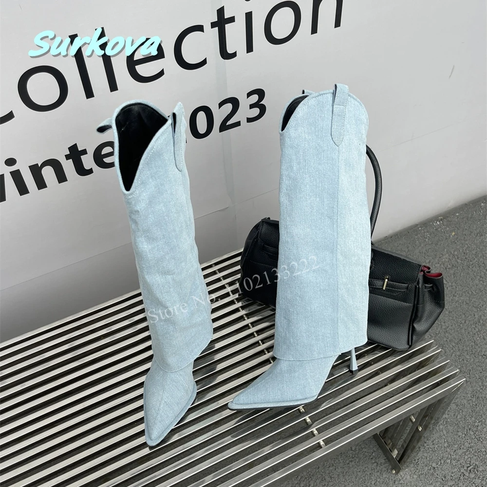Новинка синие женские сапоги до колена бесплатная доставка однотонные