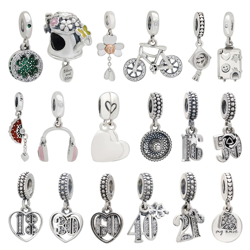 

925 silver 100% 925 silver original logo 1:1 bicycle suitcase love digital pendant suitable for DIY bracelet gift making