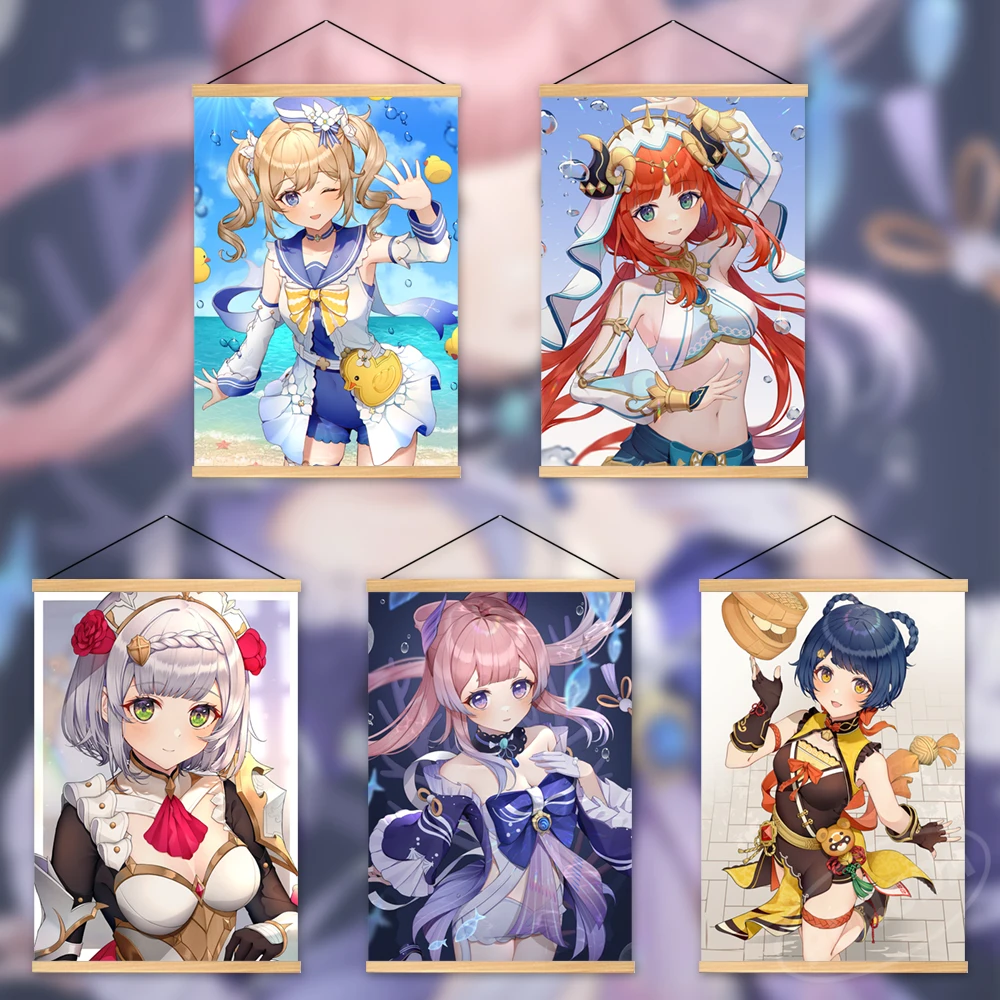 

HD Genshin Impact Prints Wooden Hanging Barbara Gunnhildr Home Decor Canvas Noelle Painting Poster Game Wall Art Modular Picture