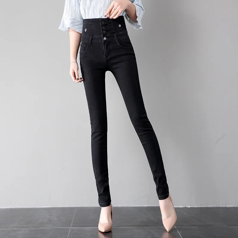 Women street solid color trousers women high-waisted jeans women new high-stretch breasted slim slimming pencil pants,