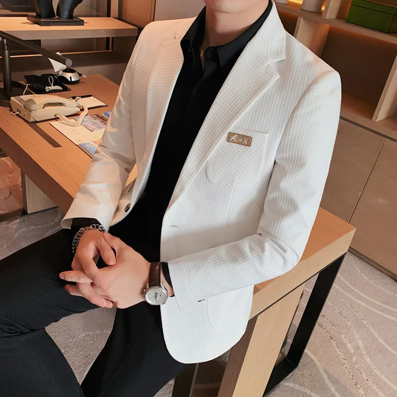 High Quality Plaid Men Blazers Business Casual Suit Jacket Slim Fit Wedding Groom Dress Coat Street Wear Social Blazer Masculino