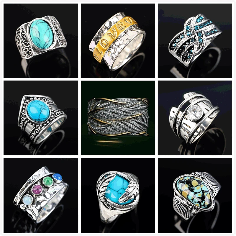 

Vintage Boho Geometric Inlay Oval Green Gem Ring Women Men Punk Party Jewelry Gifts