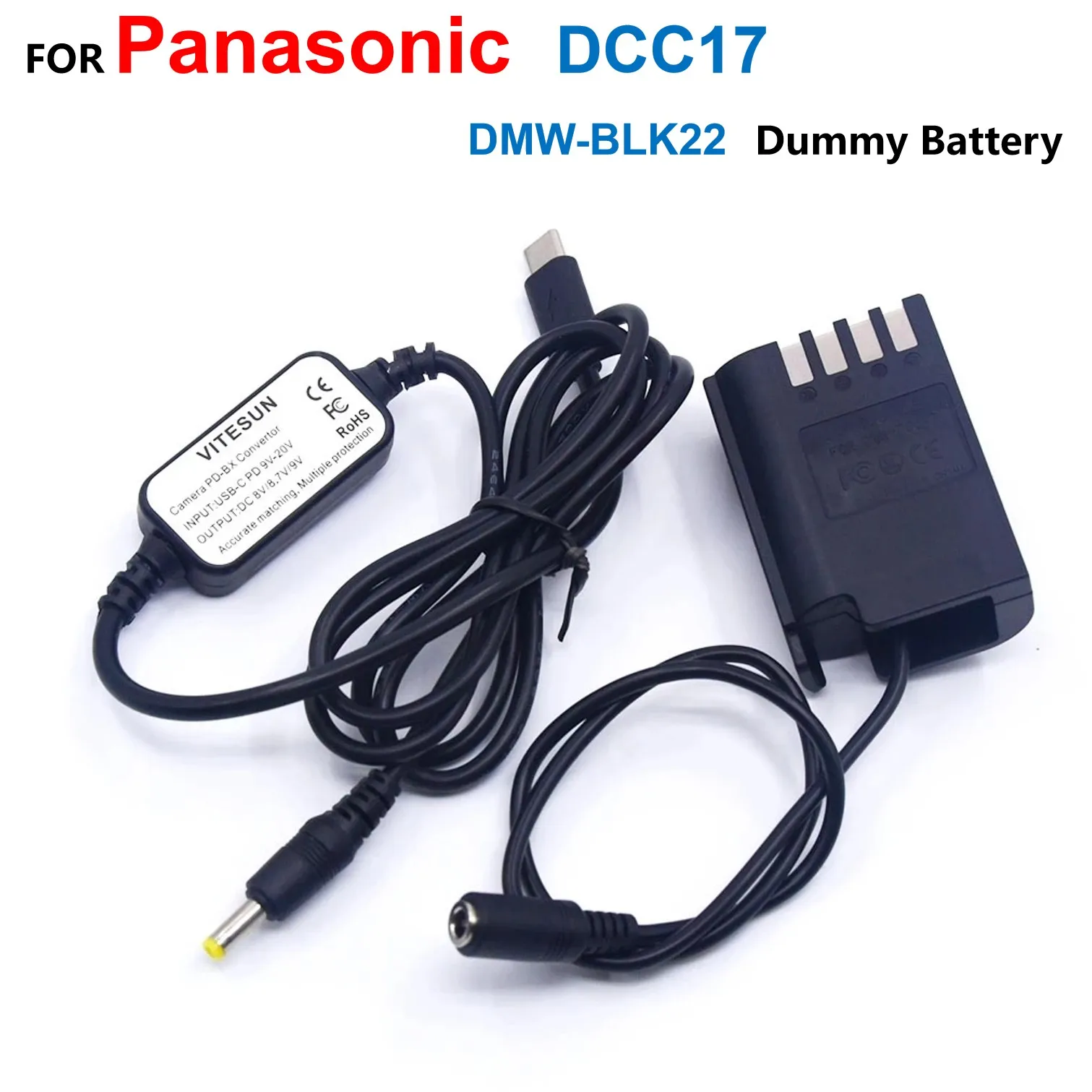 

DMW-BLK22 Dummy Battery DCC17 DC Coupler USB Type-C PD Converter To DC Cable For Panasonic Lumix S5 DC-S5 DC-S5K Camera