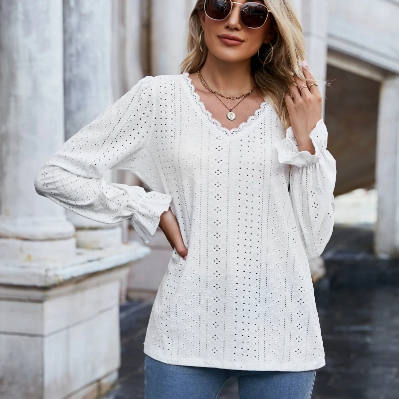 

Long Sleeve Shirt Women Hollowed Hoodie Clothes Autumn Lantern Sleeve Loose Skin-friendly Thin Sweatshirt Pullovers