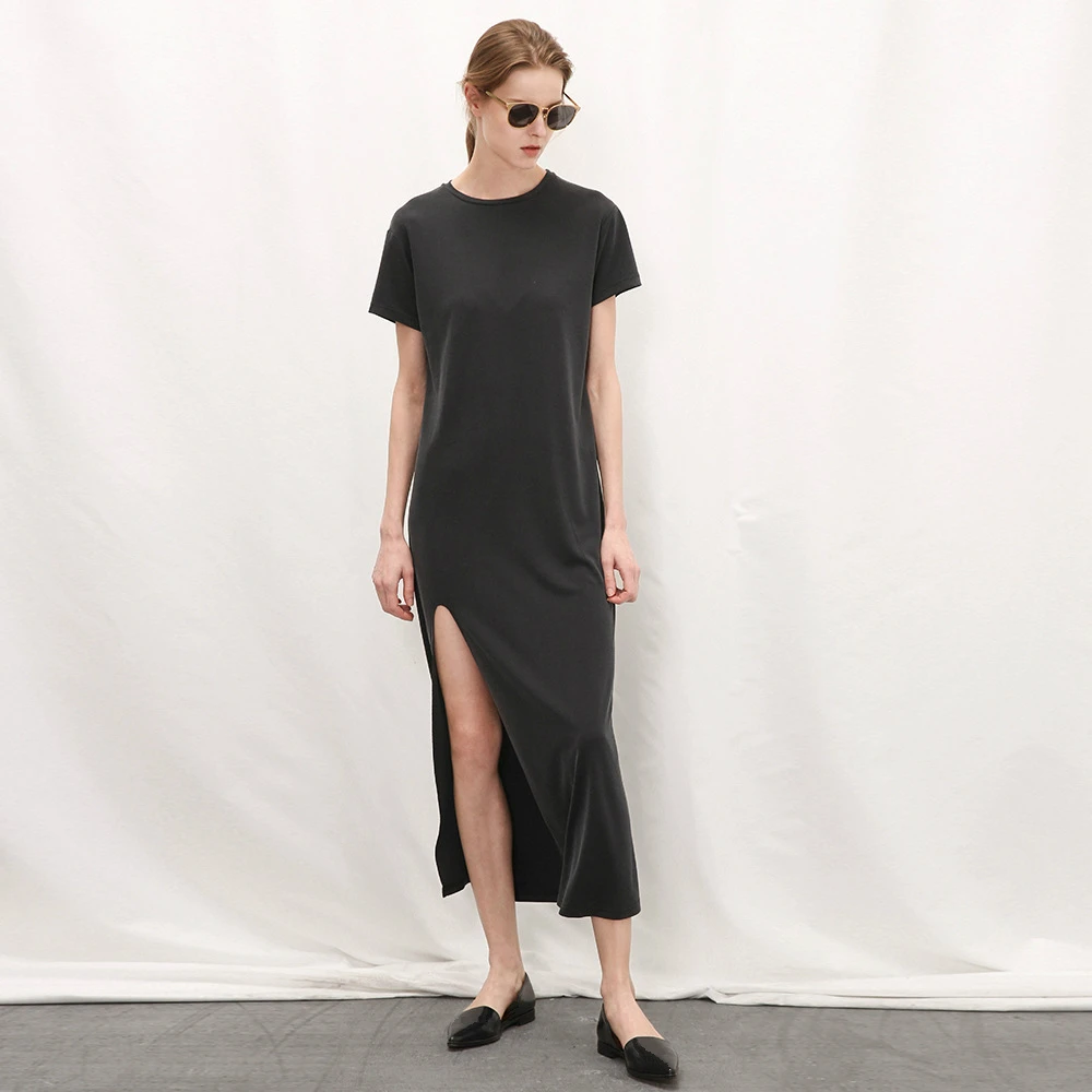 

Women Summer Long Slit Dress Short Sleeve Black Tshirt Dress Girls Casual Wear Sexy Loose home wear Modal T Shirt Dress Elegant