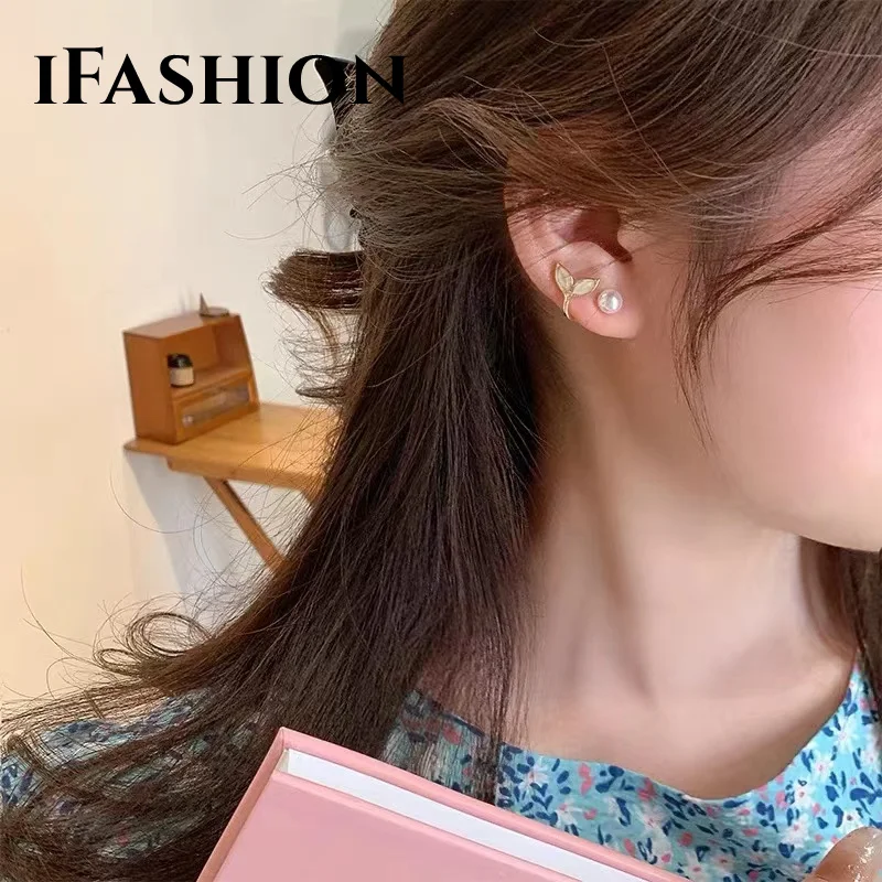 

Ear Line Natural Fritillaria Fish Tail Pearl Earrings Real 18K import Solid Yellow Gold (AU750)Women Fashion Fine Jewelry