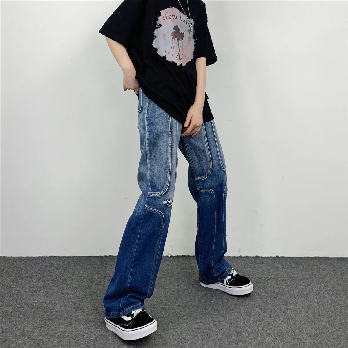 Men's Jeans Gradient Topline Straight Fit Men's and Women's Hip Hop Y2k Pants Streetwear High Quality Workwear Men Jeans Spliced