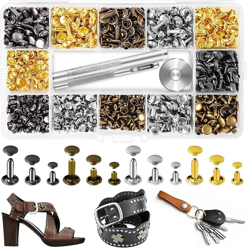 

Leather Rivets Kit 420 Sets Double Cap Brass Rivets Leather Studs with 3PCS Setting Tools for Leather Repair and Crafts,