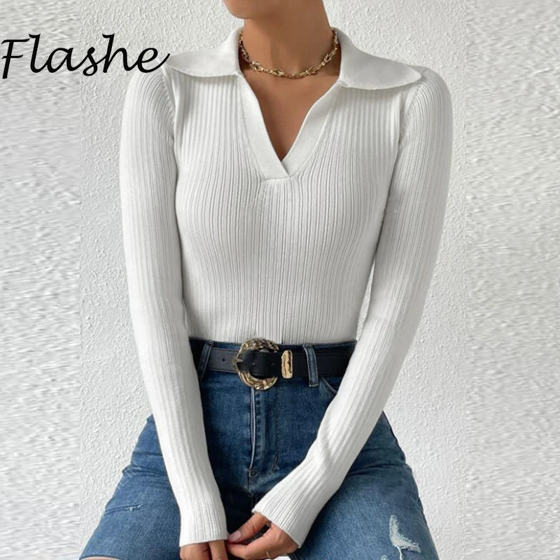 Женский трикотажный свитер с V-образным вырезом и длинным рукавом