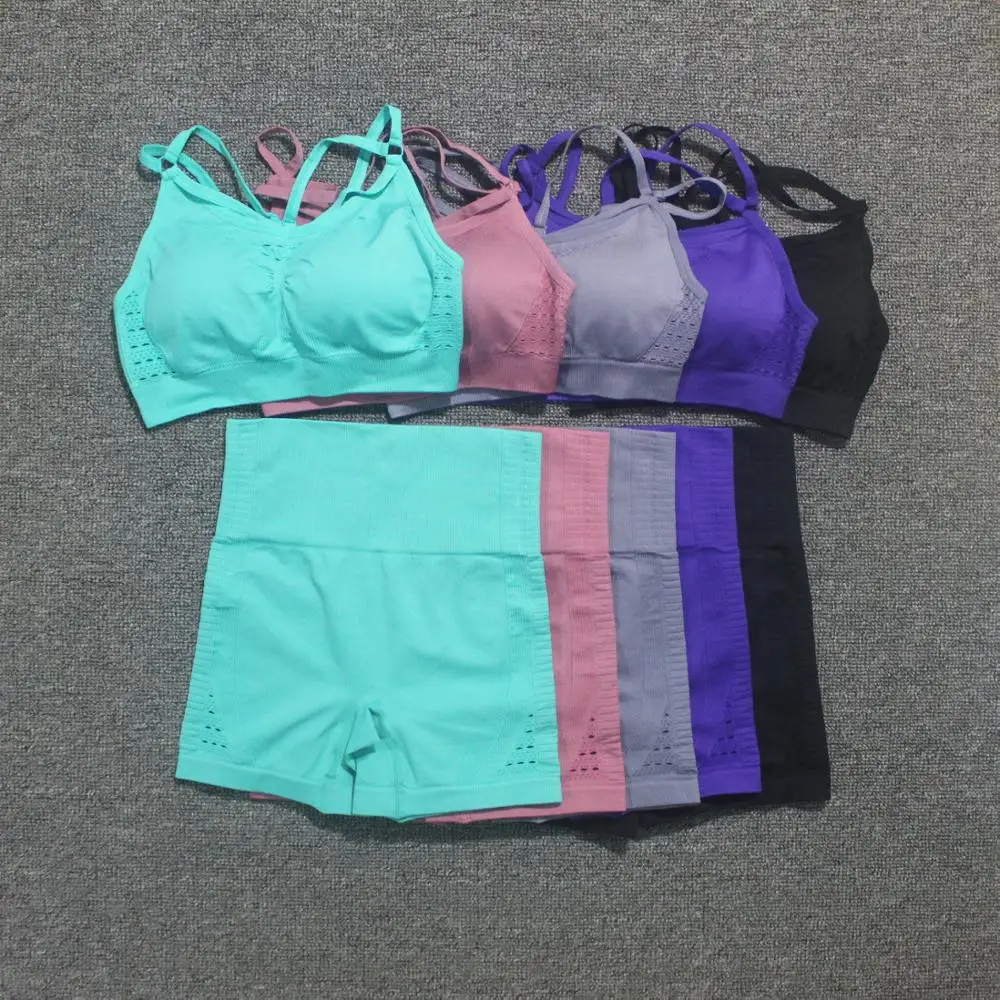 

Summer Seamless Sport Set Women Fitness Clothes Sport Bras+High Waist Yoga Shorts Push Up Hip Running Short Fitness Sports Suits